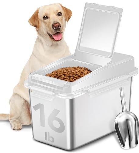 Newget 11 lb Stainless Steel Dog Food Storage Container with Scoop, White