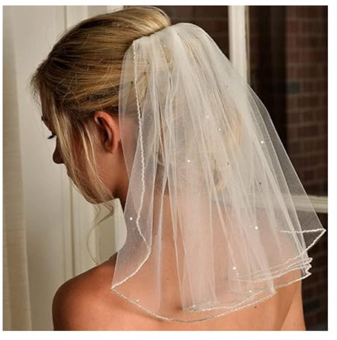 Hochzeit Brautschleier, Kristall Perlen Perlen Schleier Tüll Weiß Elfenbein Hochzeit Schleier Eine Schicht Kurz Blumenmädchen Schleier Braut Zubehör(Ivory With Pearls)