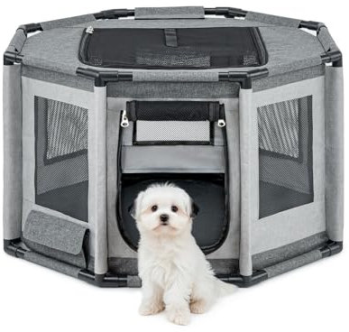 lionto Welpenauslauf aus Oxford-Gewebe, atmungsaktives Netz mit Reißverschluss & Seitentasche, Freilaufgehege für Hunde & Katzen mit Rahmen aus PVC-Rohren, achteckiger Hundekäfig, 72x72x43 cm, grau