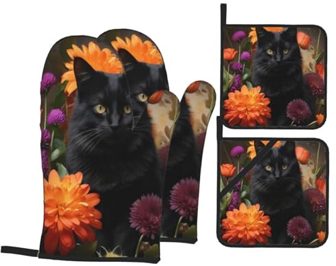 Set di 4 guanti da forno e presine a forma di gatto e fiore nero, guanti da forno antiscivolo, guanti da forno a microonde isolati e guanti da cucina per cucinare barbecue