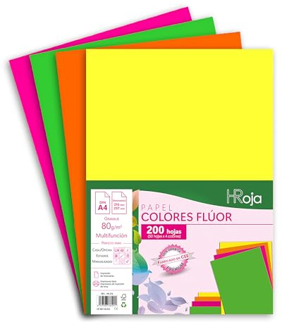 HRoja - Folios Colores Flúor A4 80 gr, 200 hojas, Papel multifunción apto para Impresoras Inkjet y Láser - 210 x 297 mm - Ideal para Oficina, Hogar y Proyectos Artísticos como Origami