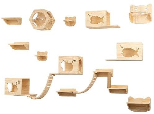 YLLSMGS Katzen Kletterwand, 17-teiliges Set, Katzen Kletterwand Set, Hölzerne Katze Wandelement, Kletterwand für Katzen DIY-Spielplatz-Katzenregal mit Katzenhaus, Brücke, Stufen und Kratzbaum