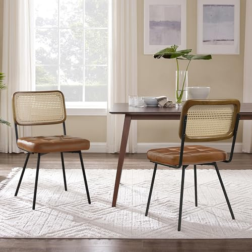 Zouron Rattan Esszimmerstühle 2er Set Braun Kunstleder - Mid Century Moderne Esszimmerstühle mit Rohrrückenlehnen Kunstleder Gepolstert Armlos Rattan Cane Küchenstuhl mit schwarzen Metallbeinen