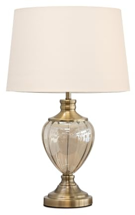 Lighting Supermarket Hepburn Large Amber Glass Table Lamp with Antique Brass Base and Fabric Shade, for Living Room, Hallway or Console Table (Cream Pleat)