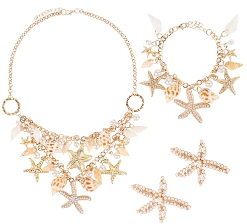 Moxiewell snäckhalsband armbandsset, kvinnor sjöjungfru kostym smycken set, halsband stranddekorationer Hawaiiansk snäckkedja oceanhalsband mussla choker, Standardgröße, Legeringar, Labbodlad diamant