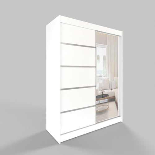Easy4You 120 cm Modern Sliding 2 Doors White Wardrobe L3 Wardrobe with Mirror for Bedroom Furniture Set with Clothes Rail Storage