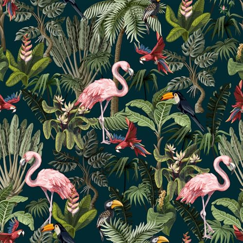 VEELIKE Dschungel Tapete Blumen Schwarz Selbstklebende Tapete Wald Flamingo Palme Tropische Fototapete Schlafzimmer Badezimmer 44.5 cm × 300 cm Mustertapete Blumen Tapeten Wohnzimmer Abnehmbar