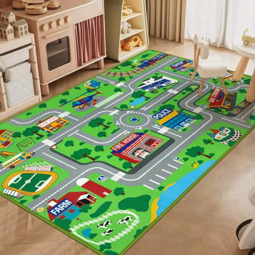Capslpad Kinderteppich 100x160cm rutschfest Stadtplan Spielteppich Pädagogischer Spielteppich Maschinenwaschbar Kurzer Flor Autoteppich Kinder für Kinderzimmer Schlafzimmer Spielzimme Grün