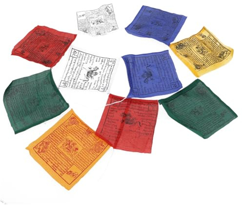 Tibetische Gebetsfahne 10 Wimpel, 100% Baumwolle, bunt, 2,60 m/Baumwolle | Bunte Fahnen mit Mantren, 27x25 cm, für spirituelle Orte, ideal für Tempel und heilige Plätze