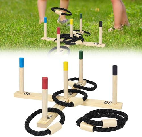 UISEBRT Gioco di lancio ad anelli in legno, 1 croce di lancio, 5 anelli di lancio e 5 bastoncini da gioco, anello di lancio, giochi da giardino, per esterni e interni, per bambini e adulti