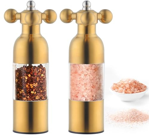 TEAHAHA 2 Stück Edelstahl Salz und Pfeffermühle Set mit Keramikmahlwerk - Stufenlos Verstellbares, Pfeffer und Salzmühle, Gewürzmühle, Salt & Pepper Grinder (Gold)