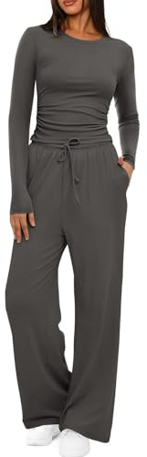 Rayson Tuta da Donna Curvy 2 Pezzi Completo Sportivo Manica Lunga Set Maglia e Pantaloni con Tasche e Coulisse Invernale Felpa Donna per Casa Fitness(Grigio scuro, M)