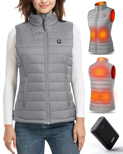 UNBON Chaleco Calefactable Mujer, Chaleco Calefactable con Batería USB 10000mAh, Chaleco Térmico Eléctrico Mujer con 3 Temperaturas 6 Zonas de Calor, Chalecos Calefactor para Moto Caza, Gris, XS