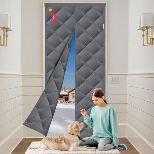 SogYupk Thermal Door Curtain, Magnetic Insulated Soundproofing Door Covers,Windproof Waterproof Oxford Polyester Cotton Door Curtain, Grey Winter Insulation (Grey, 90 X 210CM)