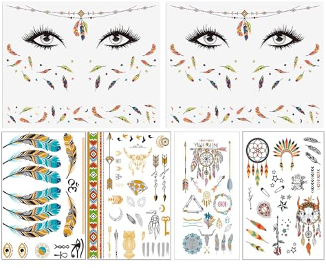 6 Blatt Indianer Tattoo Gesicht & Körper Temporär - Indianer Kostüm Kinder Damen Herren Zubehör - Klebetattoos Gold Metallic Federn Traumfänger - Fasching Indianer Schminken und Kostüme Accessoire