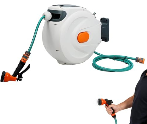 Retractable Garden Hose Reel, 10/20/30m Wall Mounted Hose Reel with Hidden Handle, Automatic Rewind, Any Length Lock, Slow Retraction System, for Car Wash Beauty, Garden Watering(10m)