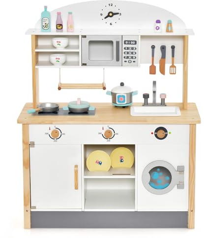 COSTWAY Wooden Kids Play Kitchen, Pretend Cooking Playset with Faucet & Sink, Microwave Oven, Washing Machine, Accessories, Children's Chef Role Play Set for Boys Girls (without Apron and Hat)