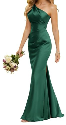 Vestido de dama de honor de satén para mujer, para boda, vestido de graduación, vestido de cóctel con abertura lateral, talla grande, verde oscuro, 34