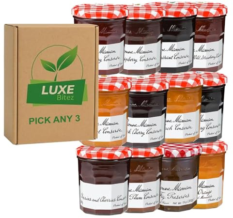 Pick & Mix Bonne Maman 370g Jams – Choose Any 3 – Strawberry, Apricot, Raspberry, Blackcurrant, Peach, Fig, Damson, Blueberry, Cherry & Marmalade – Compatible for Bonne Maman By Luxe Bitez