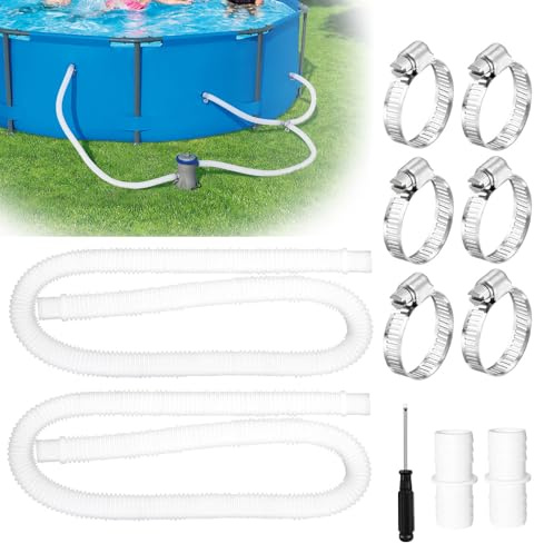 SKIKHN 2 Stück Poolschlauch 32mm, Flexibel 150cm Ersatzschlauch Pool Schlauch mit 6 Sicherungsclip und 2 Schlauchverbinder, Schwimmbadschlauch Ersatzschlauch für Filterpumpe Schwimmbad (Weiß)