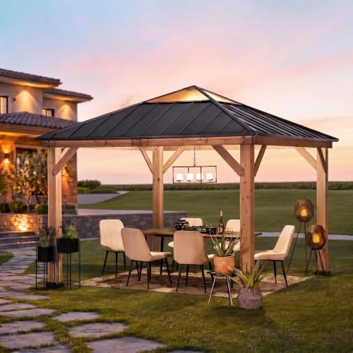 SUNJOY 3,36x3,36 m Holzpavillon mit lichtdurchlässigem Dachfenster, Pavillon Holz wasserdicht stabil Winterfest, Hardtop Stahldach, 14 cm Pfosten, Gartenpavillon für Terrasse & Deck