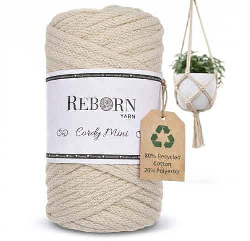 REBORN YARN Cordy Mini Makramee Garn 250g pro Knolle – Nachhaltige Baumwollkordel für DIY & Makramee Projekte, weich & reißfest, ideal für Wanddeko, Blumenampeln (1, 24 | Soft Ivory)
