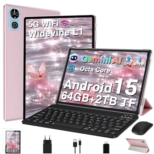 Gemini AI Tablette Android 15 Tablette 10 Pouces 64Go+2To Extensible, Tablette Tactile GMS, 5G+2.4G Wi-Fi,Octa-Core 2.0GHz,Widevine L1, BT5.0, 6000mAh, GPS,Tablettes avec Clavier+Souris et Cas-Or Rose