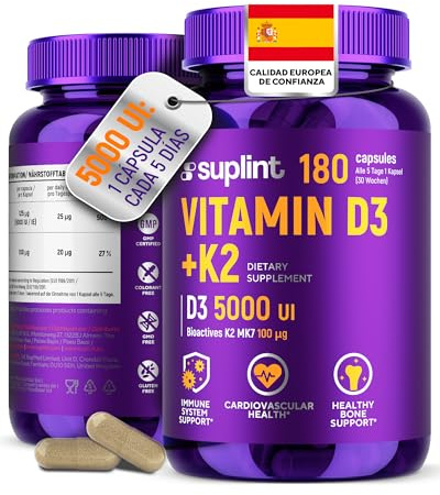 Vitamina D3 y K2 Alta Dosis 5000 UI – 180 Cápsulas