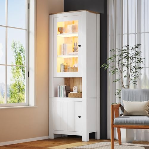 Jaxenor vitrinskåp, stående vitrinskåp, vardagsrum med LED, stående vitrinskåp, förvaringsskåp med justerbara hyllor, vardagsrumsskåp, bokskåp för kök, matsal, kontor, vit