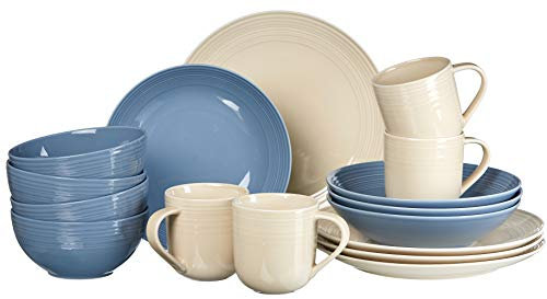 Ritzenhoff & Breker Levi Kombiservice 16-teilig, Teller Schalen und Becher für 4 Personen, Skandinavisches Design mit feinem Rillenrelief, Mix & Match Geschirr, Porzellan, Beige-Blau