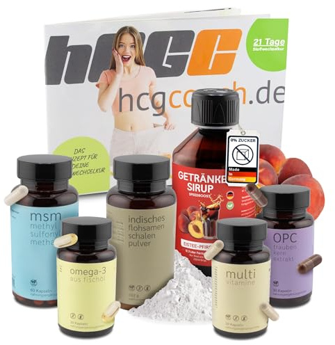 hCGC HCG Stoffwechselkur 21 Tage Basispaket – HCG Diät Set mit Omega 3, OPC, MSM, Vitaminen & Flohsamen Pulver – Stoffwechsel Beschleunigen Abnehmen – mit zuckerfreiem Eistee-Sirup