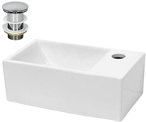 ECD Germany Lavabo Vasque en Céramique Blanc 350x205x125 mm Rectangulaire, Bonde Incluse en Laiton Chromé, Trou pour Robinet à Droite, Mini Lave-Mains Angulaire à Poser de Salle de Bain Toilette