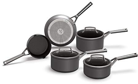 Ninja ZEROSTICK Premium 5-Piece Pan Set, Long Lasting Non-Stick, 3x Saucepans with Glass Lids, 1x Milk Pan, 1x Frying Pan, Hard Anodised Aluminium, Induction Compatible, Grey C35000UK