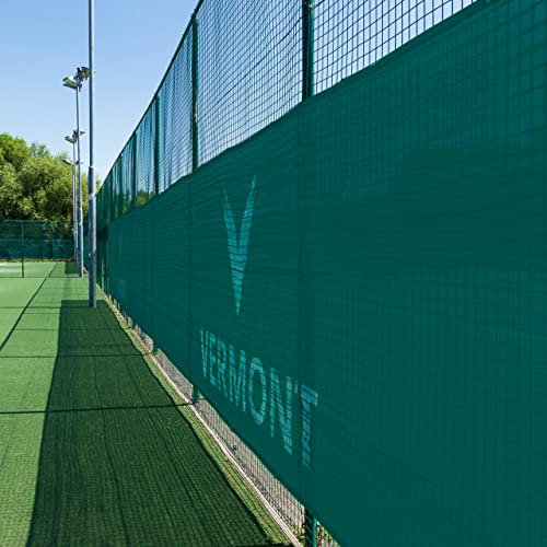 Vermont Windschutze & Sichtblenden für Tennisspielplatz [2 Größen] | Profi Tennisfeldschutz | Befestigung inbegriffen | Grün/Schwarz/Blau (Grün 12m x 2m mit Logo, Sichtblende)