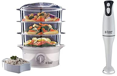 Russell Hobbs 21140 3-Tier Food Steamer, 800 W, 9 Litre, White & 22241 Food Collection Hand Blender, 200 W - White