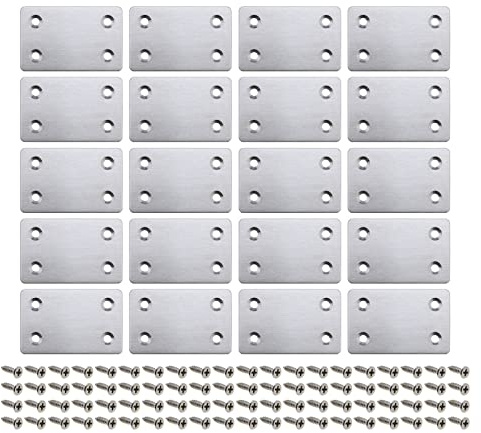 20 Stück Reparaturplatte, flach, 60 x 38 x 1,5 mm, mit geraden Schrauben aus Stahl, Befestigung, Montage, Reparatur-Anschluss, Möbel