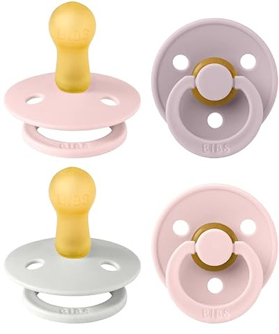 BIBS Colour Dummy, 6-18 Months, 4-Pack, Round Teat, Haze Mix | Natural Rubber Latex | Size 2 | BPA-Free | Made in Denmark | High Teat Acceptance | Airflow Holes | Comfort Shield