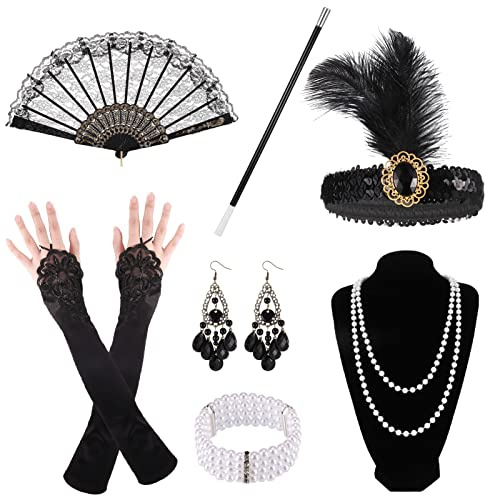 Opopark 7 Stück 20er Jahre Accessoires 1920er Accessoires Damen 20er Jahre Kostüm Damen Charleston 1920er Jahre Zubehör Set mit Stirnband Handschuhen Halskette Armband Ohrringen Spitze Faltfächer