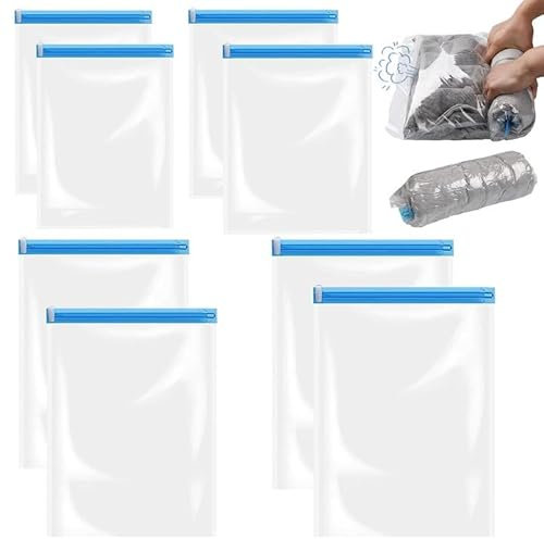 8 Pezzi Sacchi Sottovuoto di Rotolo a Mano, 4 Misure (35x50cm, 40x50cm, 40x60cm, 50x70cm) Sacchetti Salvaspazio Sottovuoto da Viaggio, Riutilizzabili Borse da Viaggio per Vestiti Piumoni Coperte Abiti