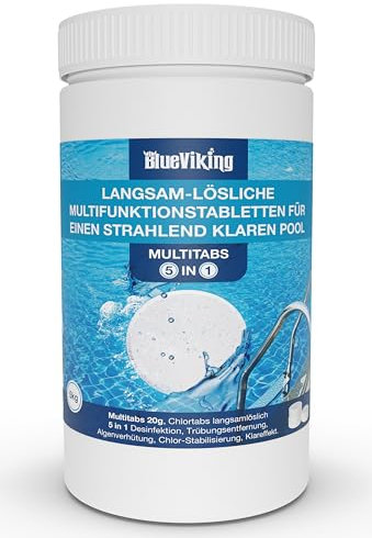 BlueViking Chlortabletten für Pool 5 in 1 - Hochwirksame Multitabs Pool 20g im 1kg Eimer - Chlor Pool Tabletten in EU Premium-Qualität - Einfache, Sichere und Effiziente Poolpflege