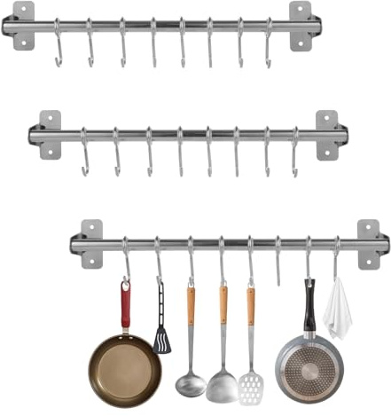 WOPPLXY 3 estantes para utensilios con ganchos, barra de acero inoxidable de 40 cm, 8 ganchos, colgador de utensilios montado en la pared, móvil para cocina, baño, organizador de almacenamiento