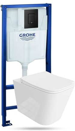 Lavita Vorwandelement Solido + Wand Hänge WC Parana Weiß Spülrandlos + WC Sitz mit Absenkautomatik Schwarzer Knopf Komplettset Unterputz Spülkasten Toilette Komplett Sett WC