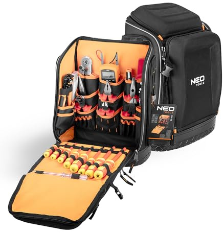 NEO TOOLS Elektriker Werkzeugrucksack 31-tlg., mit Werkzeugen | Für einen Elektriker, 26 Taschen, Mobiles und Langlebiges Elektriker Werkzeug Set, Elektro-Werkzeugsatz in einem Rucksack