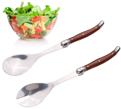 Salad Servers Set - 10 Spoon and Fork Utensils for Serving Salad Stainless Steel - Set of 2 Salad Spoon and Salad Fork Kitchen Salad Tongs (Brown)