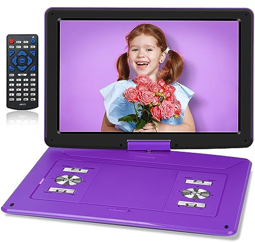 17.5 Portable DVD Player with 15.6 Large HD Screen, 6 Hours Rechargeable Battery, Support USB/SD Card/Sync TV, Multiple Disc Formats, DVD Player Portable with Car Charger, Purple