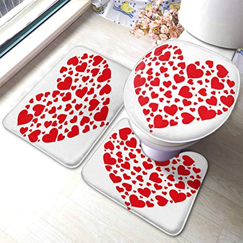 rutschfeste 3 Badteppich Set Liebe Valentinstag Helles Festliches Muster Der Herzen rutschfeste Fußmatte Set Wasserabsorbierend Langlebige Badgarnitur Badematten, Für Badezimmer, Wohnzimmer