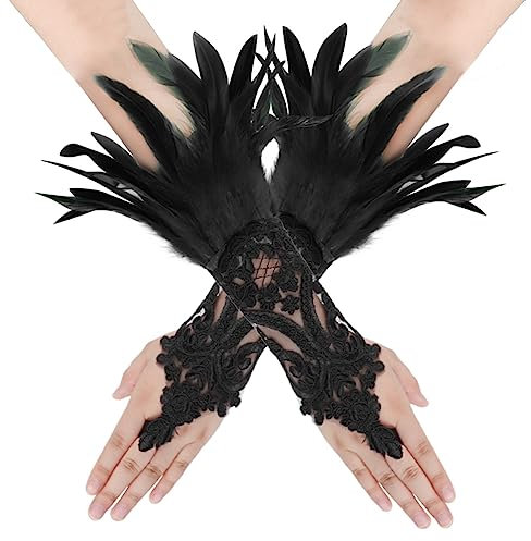 IBLUELOVER Schwarz Feder Handschuhe Damen Halloween Vintage Spitzenhandschuhe mit Feder Lange Gothic Netzhandschuhe Fingerlose Handschuhe für Cosplay Hochzeit Party Fasching Opera Kostüm Zubehör