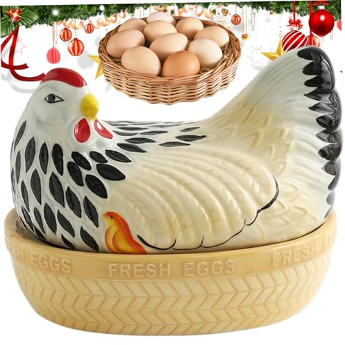 Ceramic Chicken Egg Holder With Cute Lid, Non-Slip Basket, Decorative Storage for Countertop, Kitchen, Colorful