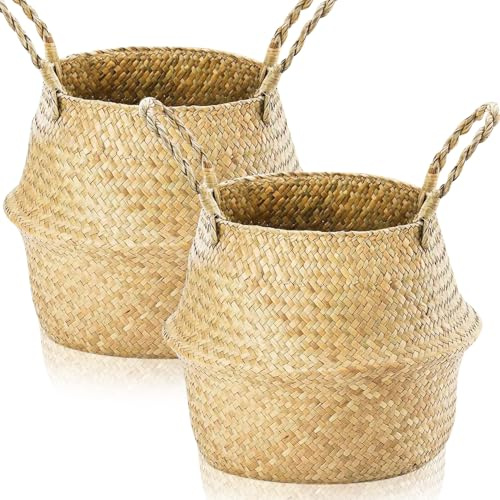 Lighterday 2 piezas Cesta de almacenamiento de hierba marina con asa - Maceta de mimbre, cesta plegable tipo belly para juguetes y ropa sucia, maceta redonda para estantes (M 28×24cm)
