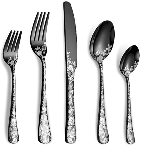 40 Piece Black Silverware Set, Stainless Steel Flatware Cutlery Set Service for 8, Mirror Polished Tableware Eating Utensils Set for Home Kitchen, Include Knife Fork Spoon Set, Dishwasher Safe